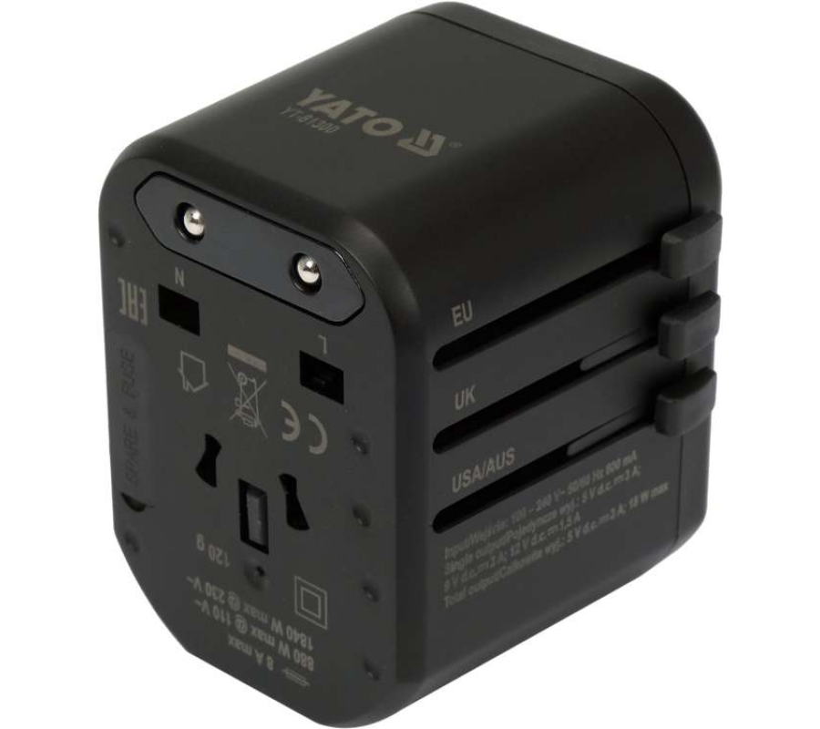 Kelionininis adapteris | universalus | daugiau nei 150 šalių / greitas krovimas / USB Q.C. 3.0, PD USB-C, 5V/3A - 9V/2A - 12V/1.5A 18W (YT-81300)