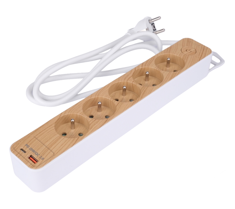 Maitinimo laidas/ilgintuvas su įžeminimu (medžio imitacija) | 5 lizdai + USB | 1,0 mm2 | 1.4 m (72344)