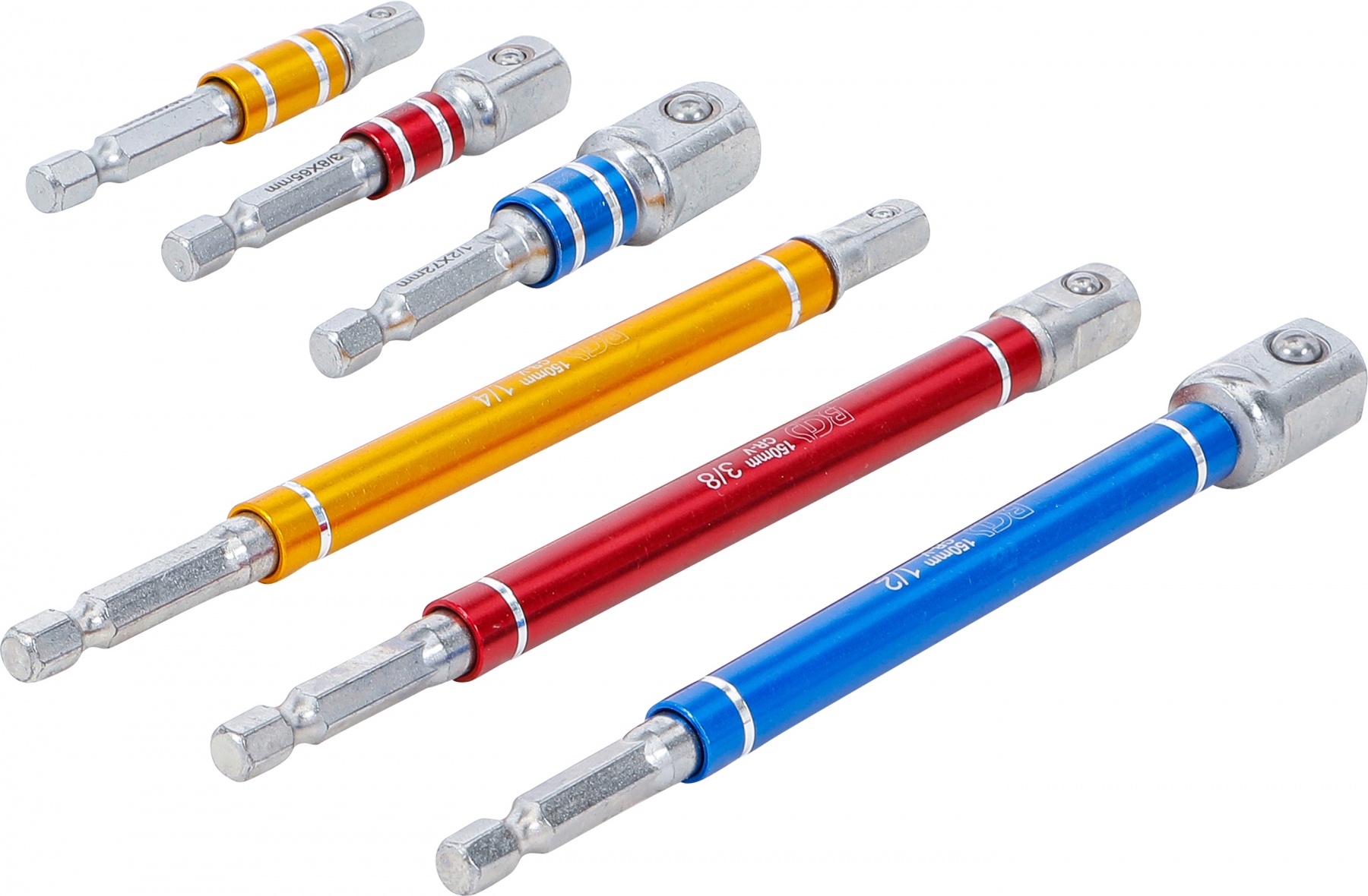 Adapterių rinkinys | spalvoti | 6.3 mm (1/4") | 6.3 mm (1/4") / 10 mm (3/8") / 12,5 mm (1/2") | 75 - 150 mm | 6 vnt. (74424)