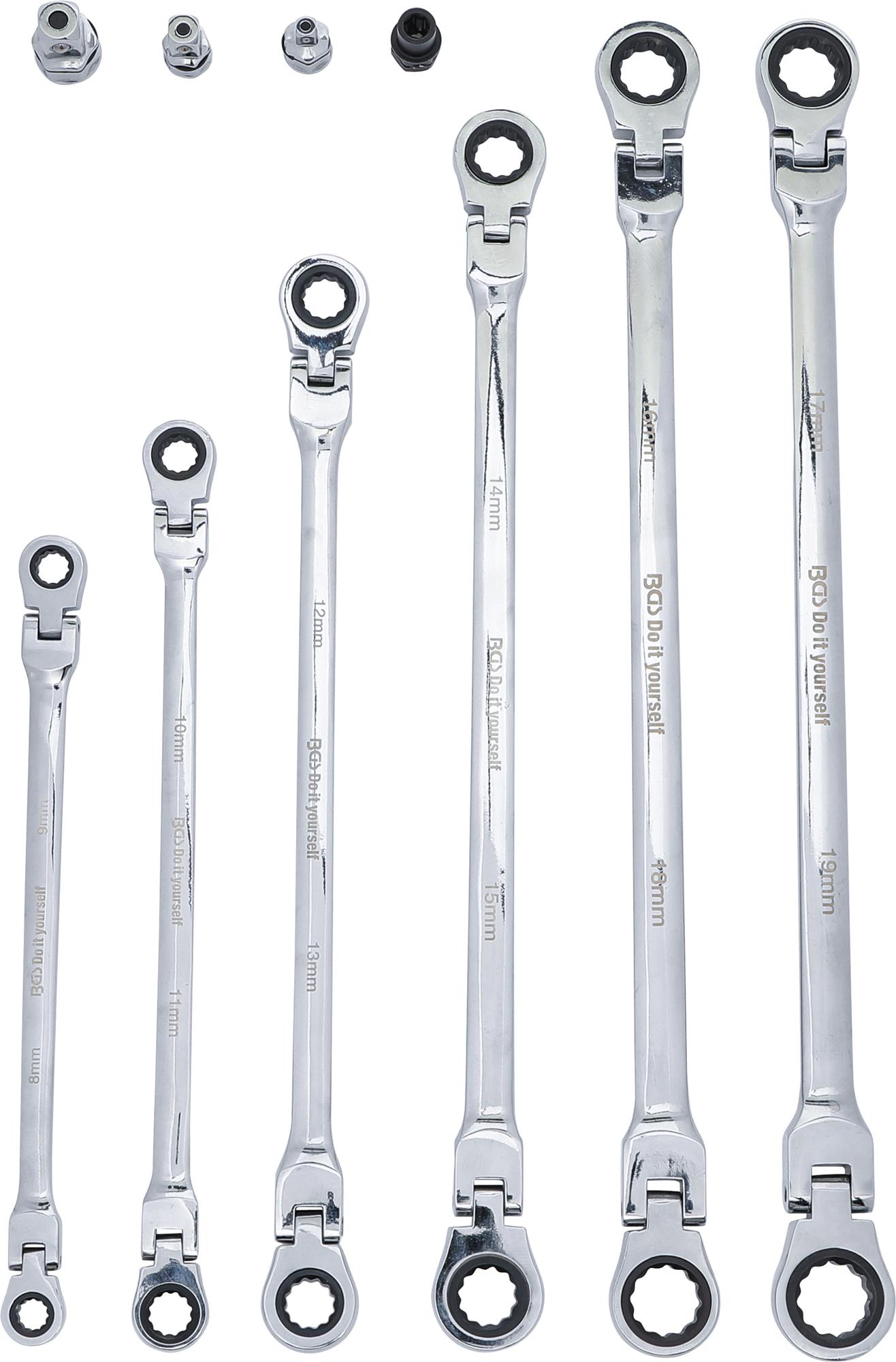 Terkšliniai dvipusiai ilgi raktai | šarnyriniai | su adapteriais | 8x9 - 17x19 mm | 10 vnt. (91541)