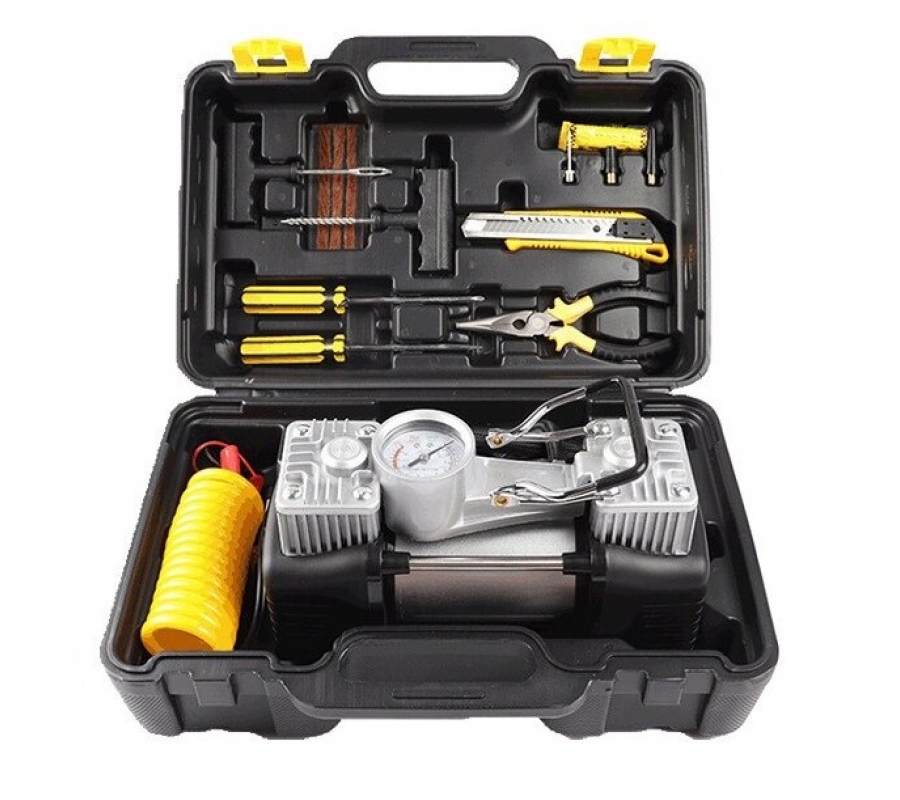 Double cylinder electric air compressor 12V 40L/min with repair tools (QB01BK)