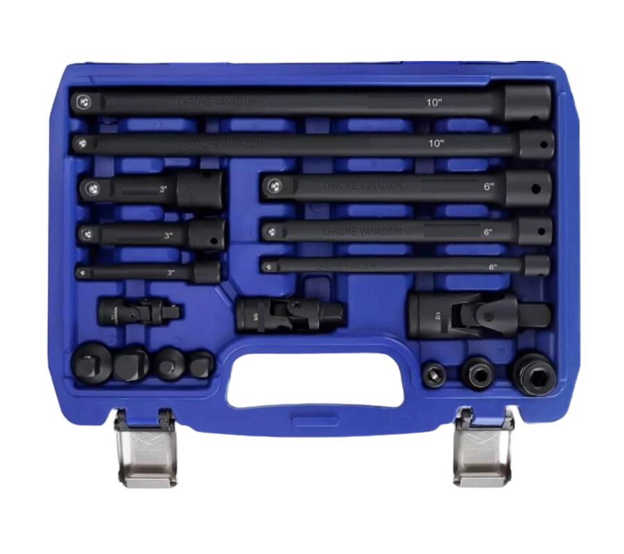 Smūginių prailgintojų ir adapterių rinkinys 1/4"+3/8"+1/2" 18vnt. (MHR10834)