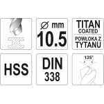 Grąžtas metalui HSS-TIN 10.5 mm (YT-44663)