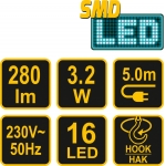 Darbo lempa su laidu | 16 SMD LED 3,2W, 220V (82699)