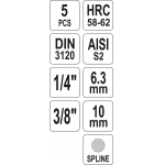 Įpresuotų antgalių rinkinys 1/4"+3/8", 5 vnt Spline M5 - M12 (YT-04360)