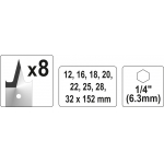 Plunksninių grąžtų rinkinys | 1/4" antgalis | 12-32 mm | 8 vnt (YT-3259)