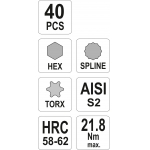 Antgalių rinkinys S2 | torx/hex/spline | 40 vnt. (YT-0400)