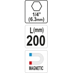 Antgalių laikiklis magnetinis ilgas | 6,3 mm (1/4") | 200 mm (YT-04682)