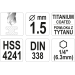 Grąžtas metalui su Hex 6.3 mm (1/4") galu HSS-TiN | 1,5 mm (YT-44750)