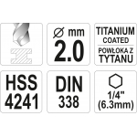 Grąžtas metalui su Hex 6.3 mm (1/4") galu HSS-TiN | 2.0 mm (YT-44751)
