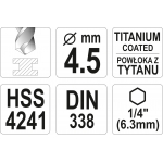 Grąžtas metalui su Hex 6.3 mm (1/4") galu HSS-TiN | 4.5 mm (YT-44759)