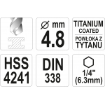 Grąžtas metalui su Hex 6.3 mm (1/4") galu HSS-TiN | 4.8 mm (YT-44760)