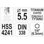 Grąžtas metalui su Hex 6.3 mm (1/4") galu HSS-TiN | 5.5 mm (YT-44763)