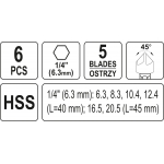 Frezų/grąžtų metalui rinkinys | HSS | Hex 6,3 mm (1/4") | 6.3 - 20.5 mm (YT-44729)