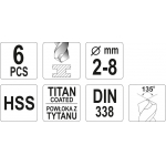 Grąžtų rinkinys | HSS-Titan | 2 - 8 mm | 6 vnt. (YT-44673)